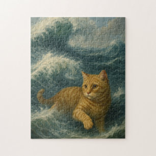 Brave Ginger Cat Riding Ocean Waves Jigsaw Puzzle