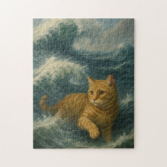    Brave Ginger Cat Riding Ocean Waves             Jigsaw Puzzle (Vertical)