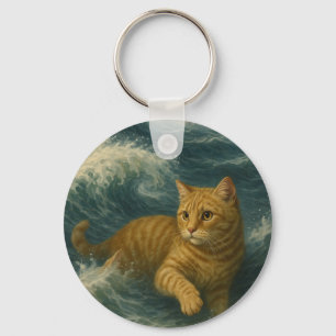 Brave Ginger Cat Riding Ocean Waves Key Ring