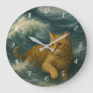Brave Ginger Cat Riding Ocean Waves                Large Clock