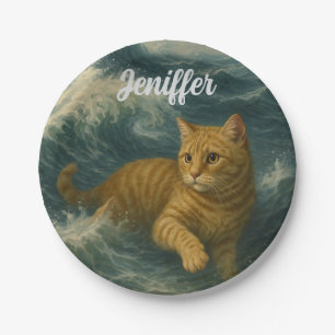 Brave Ginger Cat Riding Ocean Waves Paper Plate