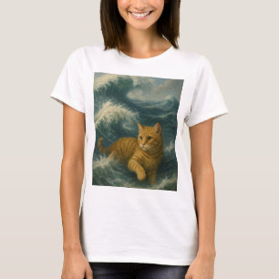 Brave Ginger Cat Riding Ocean Waves                T-Shirt