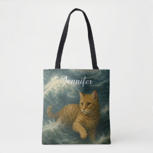 Brave Ginger Cat Riding Ocean Waves Tote Bag