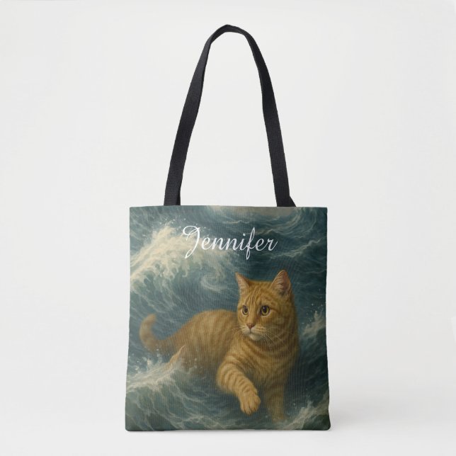 Brave Ginger Cat Riding Ocean Waves                Tote Bag (Front)