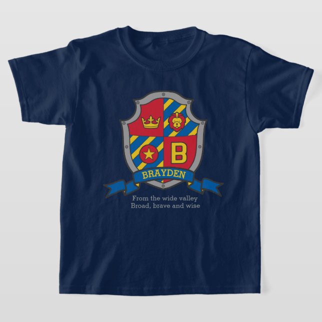 Brayden boys B name & meaning knights shield T-Shirt (Laydown)