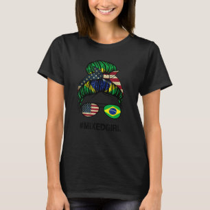 Brazil American Flag USA Brazilian Messy Bun T-Shirt