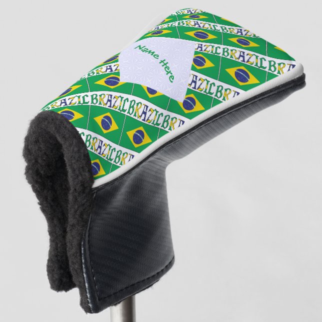 Brazil and Brazilian Flag Tiled Green Personalised Golf Head Cover (3/4 Front)