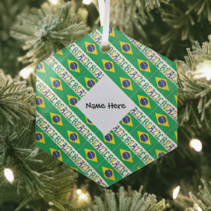 Brazil and Brazilian Flag Tiled with Your Name Glass Tree Decoration