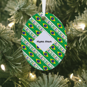 Brazil and Brazilian Flag Tiled with Your Name Metal Tree Decoration
