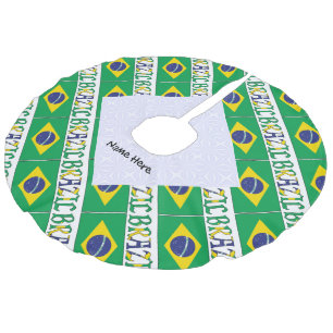 Brazil Brazilian Flag Tiled Personalised Name Faux Linen Tree Skirt
