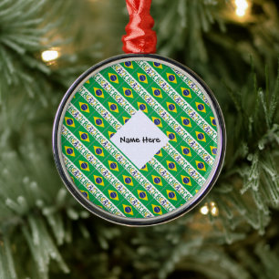 Brazil Brazilian Flag Tiled Personalised Name Metal Tree Decoration