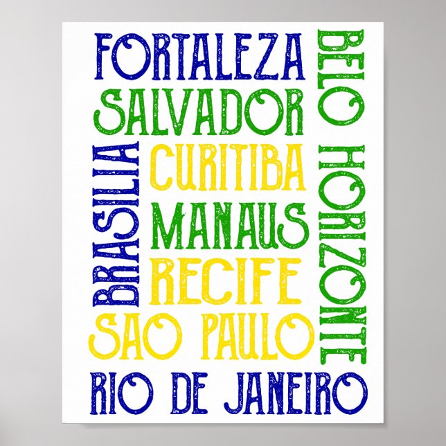 Brazil City Names Brazilian Flag Poster (Front)