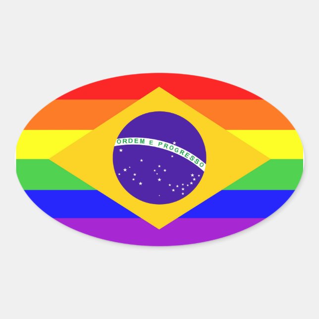 brazil country gay proud rainbow flag homosexual oval sticker (Front)