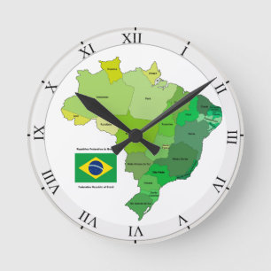 Brazil Flag and Political Map Round Clock