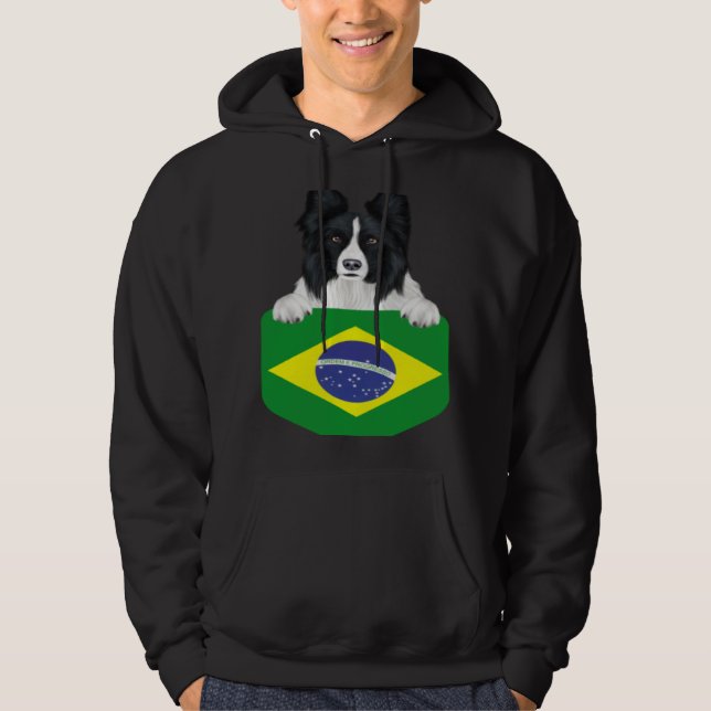 Brazil Flag Border Collie Dog In Pocket Hoodie (Front)