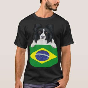 Brazil Flag Border Collie Dog In Pocket T-Shirt