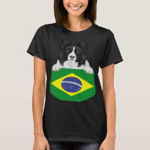 Brazil Flag Border Collie Dog In Pocket T-Shirt