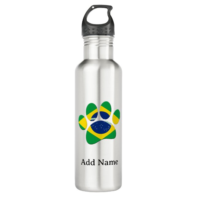 Brazil Flag Dog Paw Print Custom Name 710 Ml Water Bottle (Front)