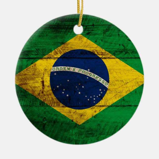 Brazil Flag on Old Wood Grain Ceramic Tree Decoration (Front)