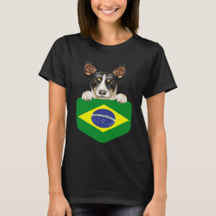 Brazil Flag Rat Terrier Dog In Pocket T-Shirt