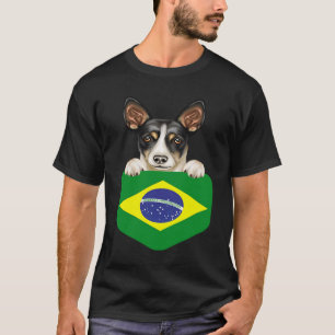 Brazil Flag Rat Terrier Dog In Pocket T-Shirt