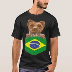 Brazil Flag Yorkshire Terrier Dog In Pocket T-Shirt