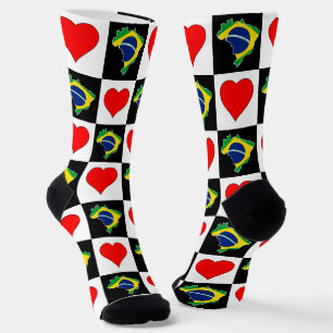 Brazil Heart Pattern Brazilian National Flag Map Socks