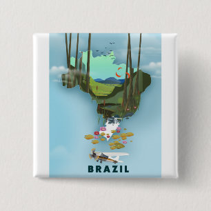 Brazil map Illustrated travel poster 15 Cm Square Badge