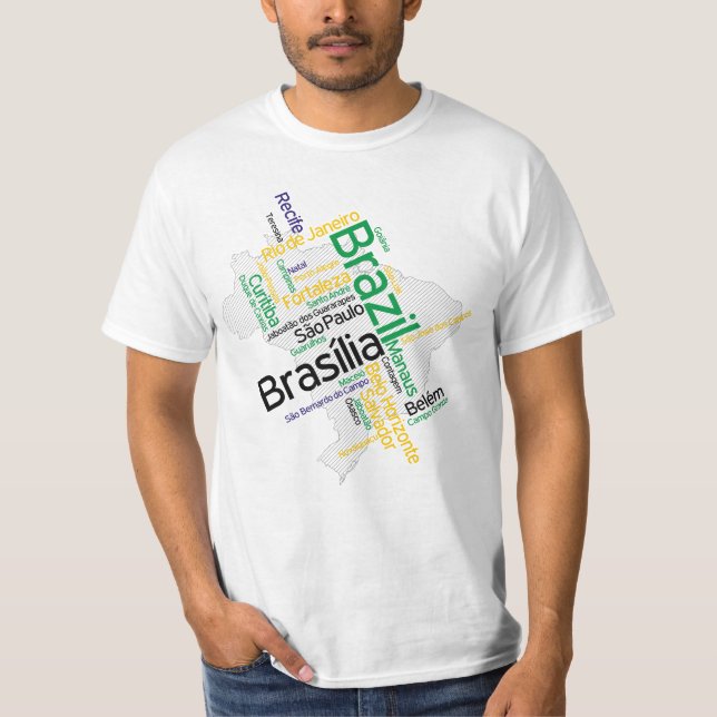 Brazil Map Silhouette City Names Word Cloud T-Shirt (Front)