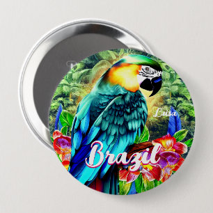 Brazil with Colourful Parrot T-Shirt 10 Cm Round Badge