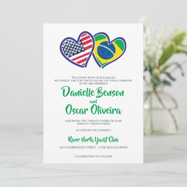 Brazilian American Heart Flags Wedding Invitation (Standing Front)