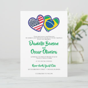 Brazilian American Heart Flags Wedding Invitation
