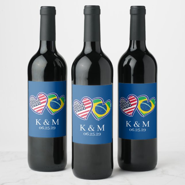 Brazilian American Heart Flags Wine Label (Bottles)