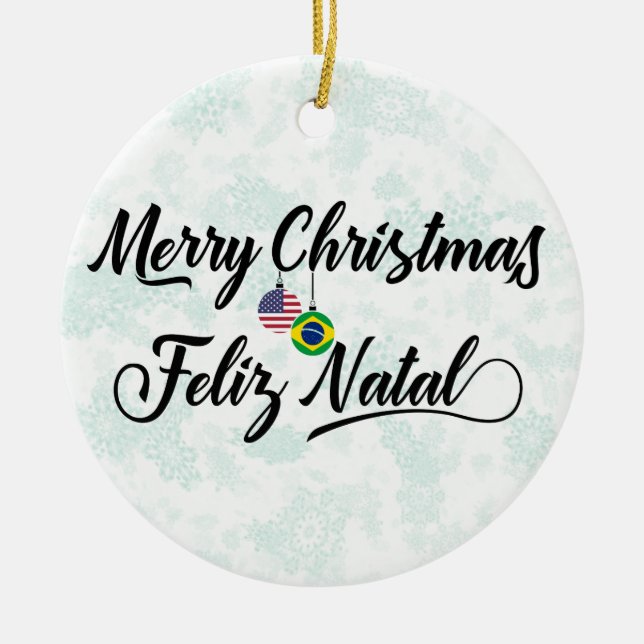 Brazilian American Holiday Decoration, Feliz Natal Ceramic Tree Decoration (Front)