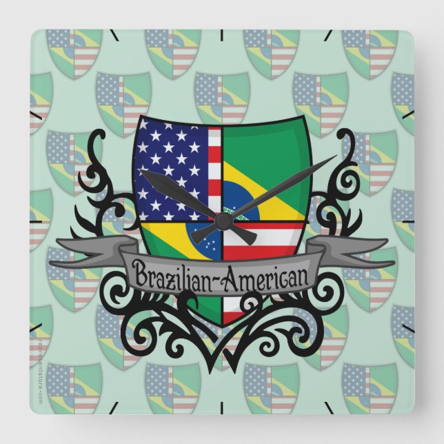 Brazilian-American Shield Flag Square Wall Clock (Front)
