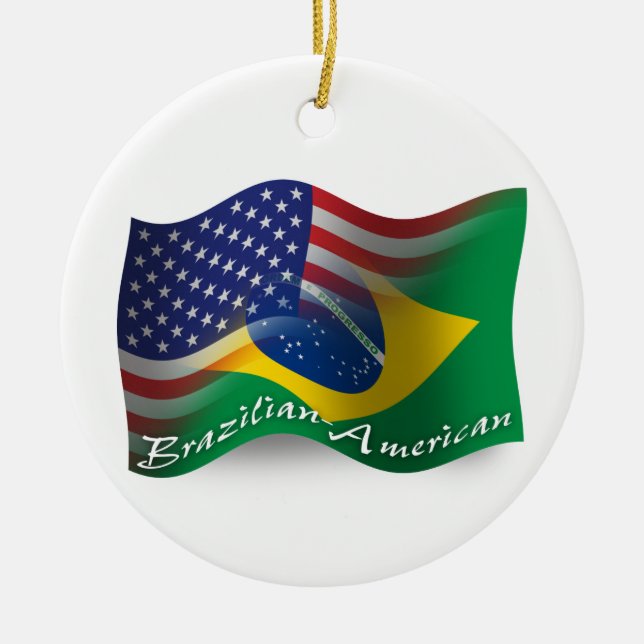 Brazilian-American Waving Flag Ceramic Tree Decoration (Front)