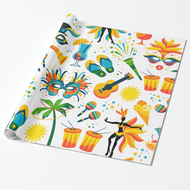Brazilian Carnaval colourful symbols pattern Wrapping Paper (Unrolled)