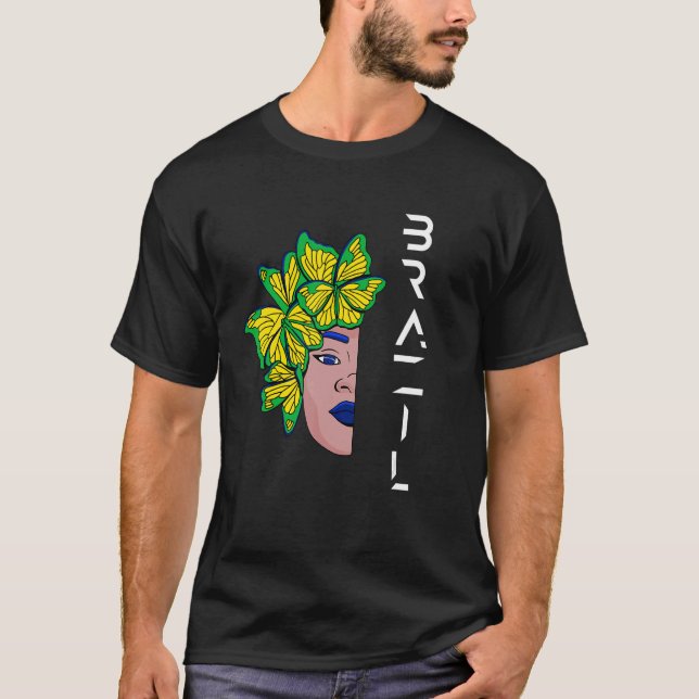 Brazilian Flag Half Face Butterfly Brazilian Roots T-Shirt (Front)