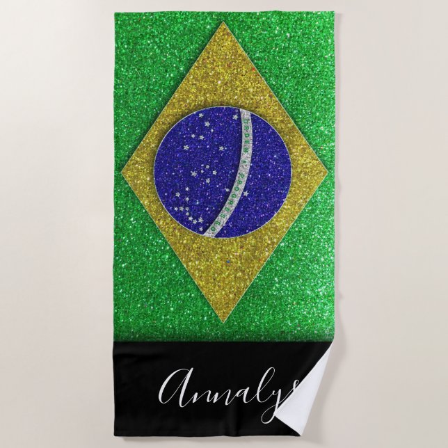 Brazilian Flag of Brazil Glitter Summer Pool Party Beach Towel (Front)