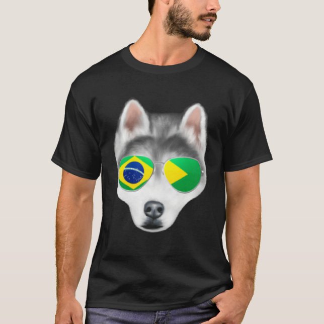 Brazilian Flag Siberian Husky Dog Brazil Pocket T-Shirt (Front)