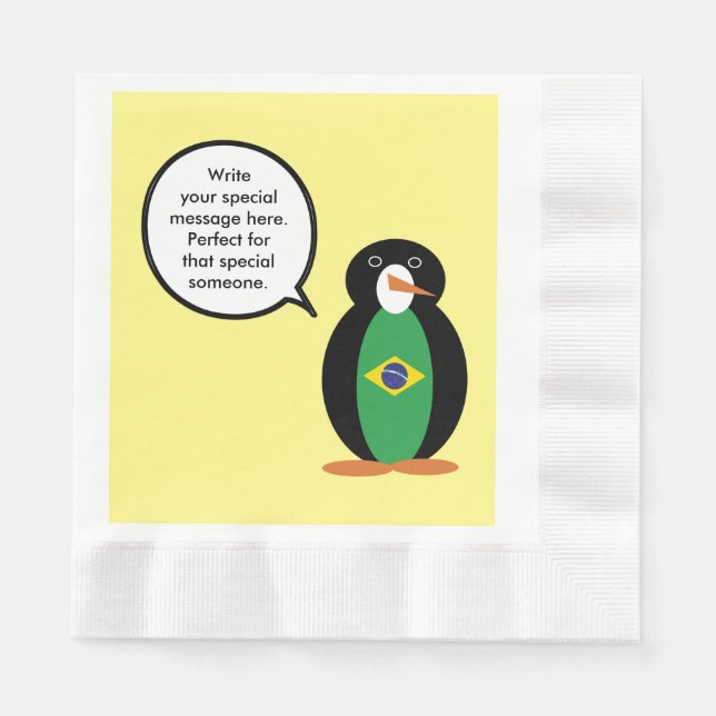 Brazilian Flag Talking Ms Penguin Personalised  Napkin (Front)