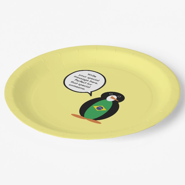 Brazilian Flag Talking Ms Penguin Personalised  Paper Plate (Angled)