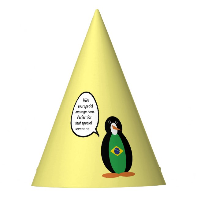 Brazilian Flag Talking Ms Penguin Personalised  Party Hat (Front)