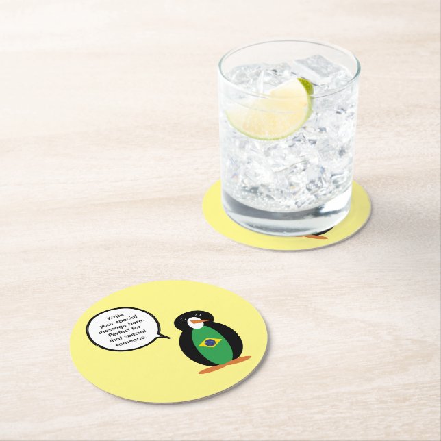 Brazilian Flag Talking Ms Penguin Personalised  Round Paper Coaster (Insitu)