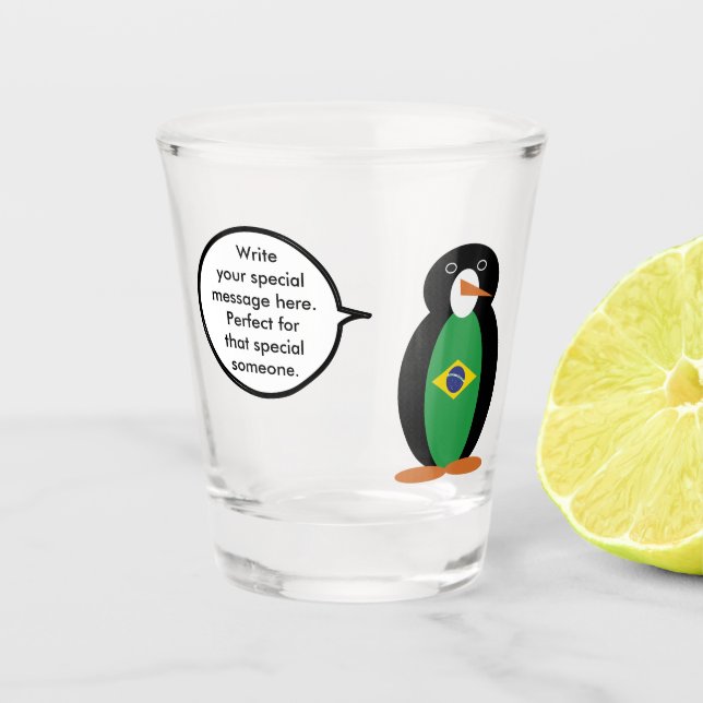 Brazilian Flag Talking Ms Penguin Personalised  Shot Glass (Front)