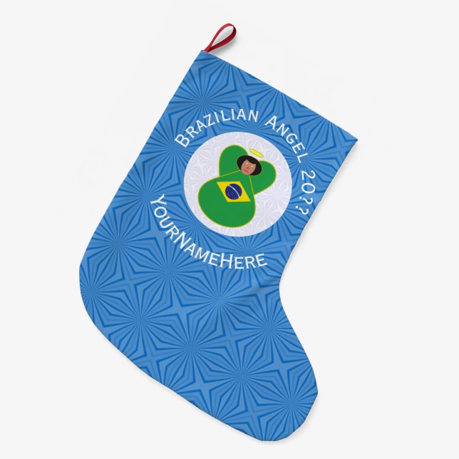 Brazilian Hanukkah Angel Flag Personalised  Large Christmas Stocking (Front (Hanging))