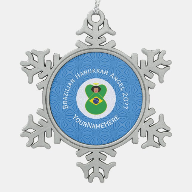 Brazilian Hanukkah Angel Flag Personalised  Snowflake Pewter Christmas Ornament (Front)