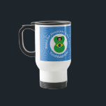 Brazilian Hanukkah Angel Flag Personalised  Travel Mug<br><div class="desc">Add your name to a travel mug to personalise, or someone else's for a gift on this Brazilian flag angel for Hanukkah. Background is a white circle of squiggly squares on a background of blue squiggly squares. Change the year to the one you need. Designed to brighten your Hanukkah decor...</div>