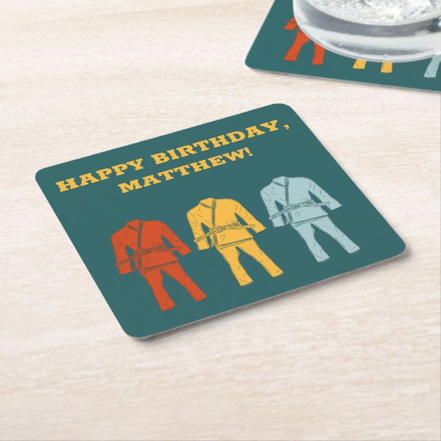 Brazilian Jiu Jitsu BJJ Themed Birthday Party Square Paper Coaster (Angled)