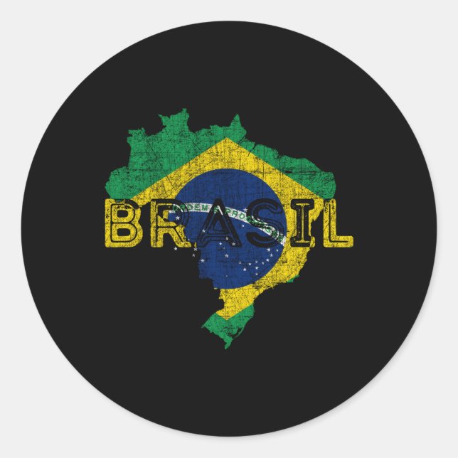 Brazilian Map And Flag Distressed Brazil Classic Round Sticker (Front)